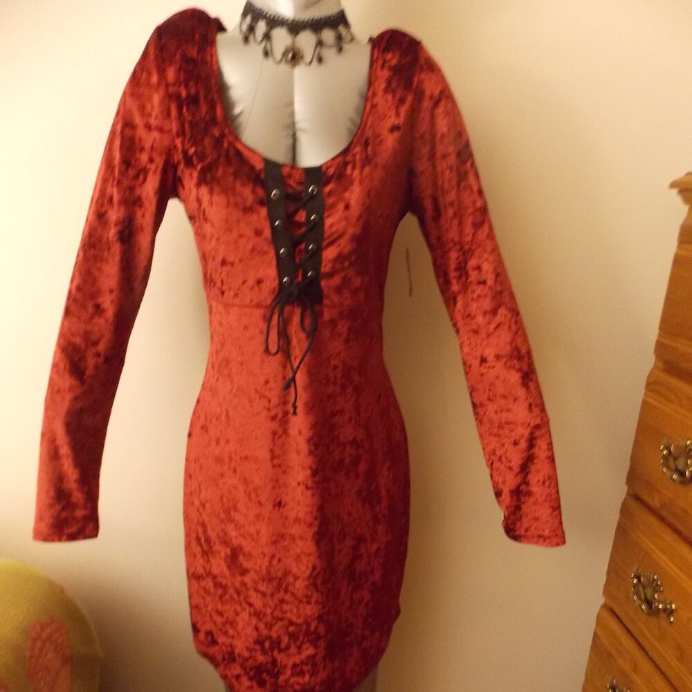 Red Crushed Velvet tie-up front dress